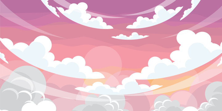 Cute pink sky illustration with cloud bubbles. Nature scenery theme