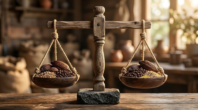 Antique wooden balance scale holding cocoa beans and coffee beans in rustic setting image photo