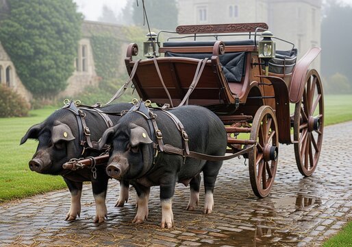 Two large black pigs harnessed to wooden carriage standing on wet cobblestone road in fog