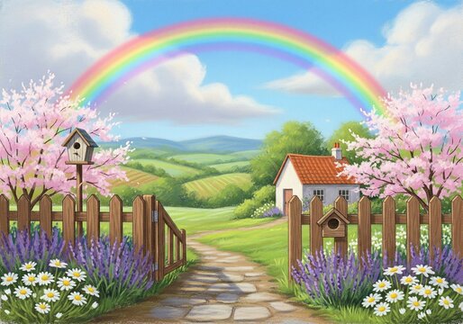 Countryside landscape with cottage rainbow pink blossoming trees and flowers near wooden fence under blue sky with white clouds
