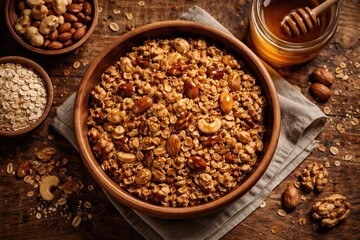 Fototapeta premium Flat lay of crunchy granola with nuts and honey in a smooth wooden bowl on table