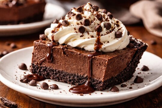 Sumptuous chocolate mud pie crowned with fresh whipped cream and chocolate chip accents on a white dessert plate