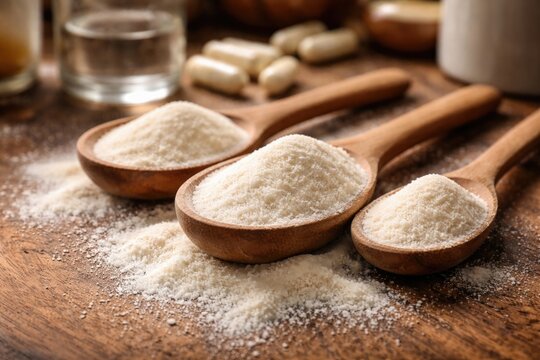 Close Up of Hydrolyzed Collagen Protein Powder with Three Spoons