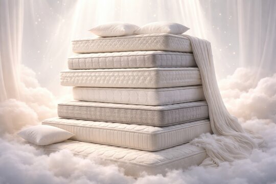 Multiple mattresses stacked against a white backdrop symbolizing serene sleep and happy dreams