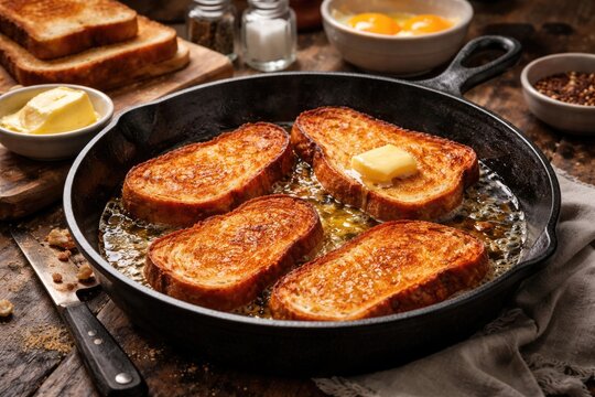 Skillet cooking breakfast idea with crispy toasted bread and clarified butter