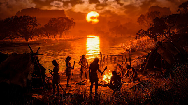 Dramatic Wide Shot of Early Humans Gathering and Socializing Near a Campfire Along a Savannah Riverbank Under a Radiant Golden Sunset with Silhouetted Rock Formations Illustrating Prehistoric Human Ha