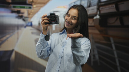 Woman holding camera and smiling, offering palm toward lens in studio set on a cruise ship deck by the seaside, posing for travel content  joy travel. © Krakenimages.com