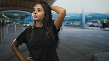 Fototapeta premium Woman with hand on head and fingers in hair at airport terminal curbside pickup, wearing black t shirt, looking upward with pursed lips; impatience.