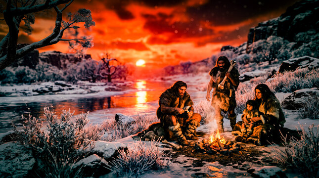 Human Evolution Neanderthal tribe seeking shelter and warmth by a fire in a snowy mountain cave during winter CGI