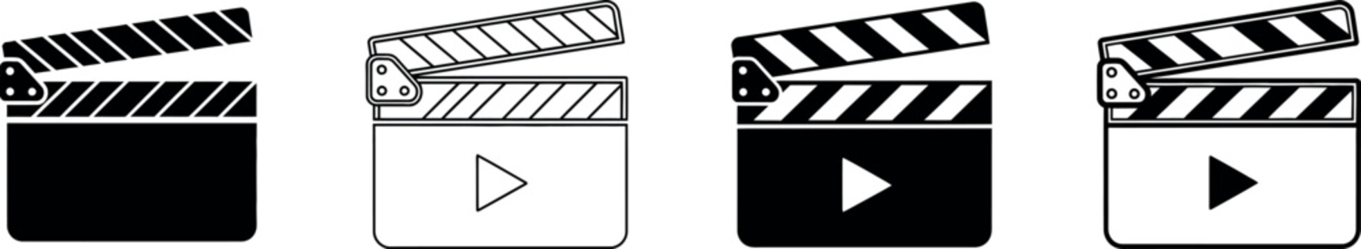 Film clapperboard icons set play record and open states