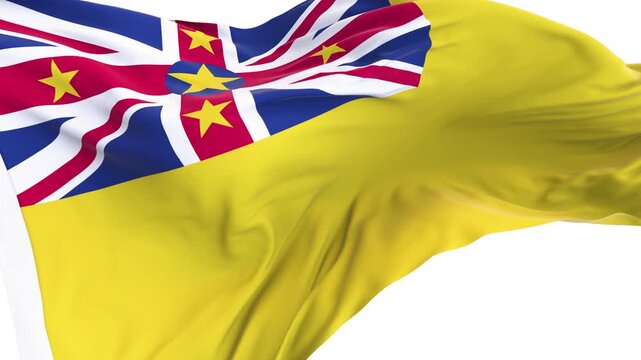 Niue flag waving and swirling, looping Close-up camera angle with transparent background, with alpha matte layer for transparency in the background.