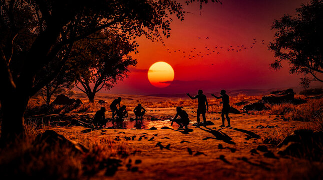 Human Evolution Homo erectus group foraging in the vast African plains under a dramatic red sunset sky CGI