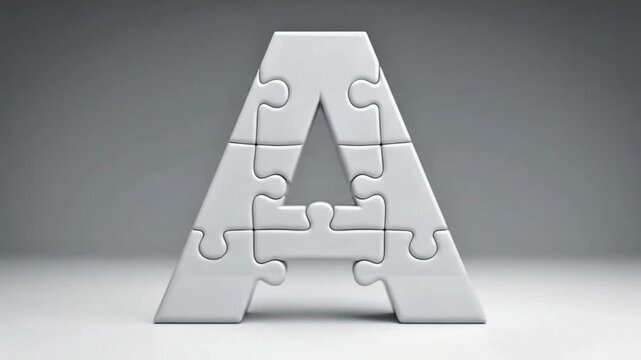 A three-dimensional letter A constructed from multiple white puzzle pieces on a smooth grey background, symbolizing problem-solving or foundational elements.