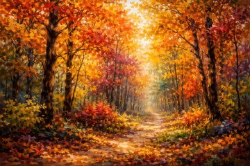 Fototapeta premium Vibrant fall trees in a hand painted impressionist forest