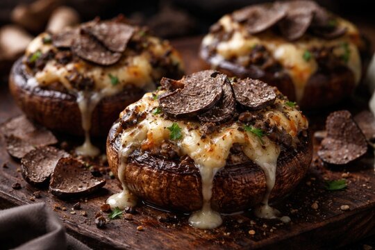 Mushroom appetizer layered with melted cheese and truffle shavings