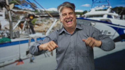 Naklejka premium Middle aged man with clenched hands and raised fists, grimacing and dancing in front of marina dock and yacht; celebration joy.
