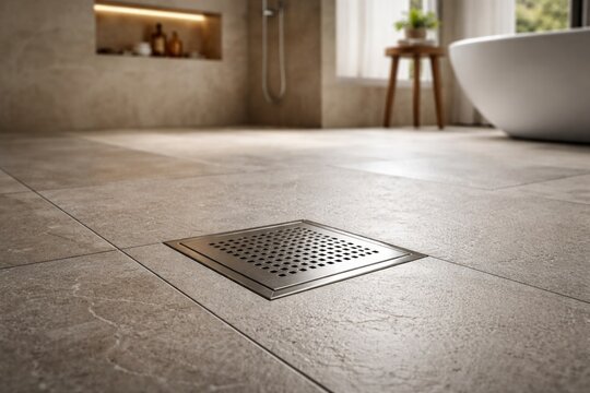 Contemporary bathroom scene highlighting a square drain grate within textured floor tiles