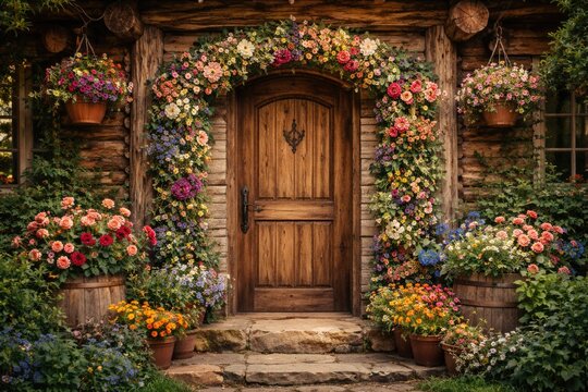 Quaint wooden door framed by natural logs and colorful flower arrangements in a cozy rural scene