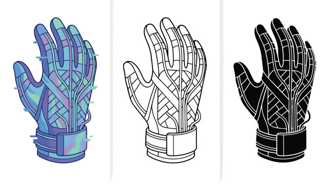Futuristic cybernetic glove vector illustration set, a modern tech accessory for digital interfaces and virtual reality, featuring glitch art and solid black variations.