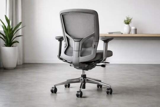 Ergonomic grey rolling office chair shown from back in a minimalistic furniture scene