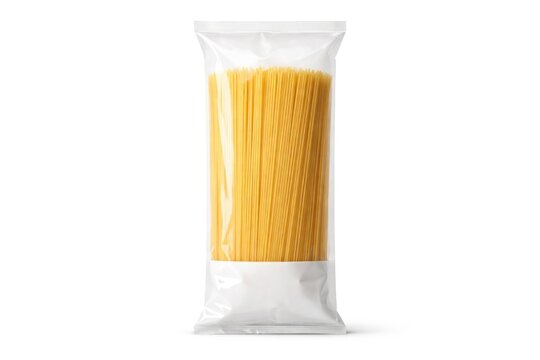 Fresh uncooked spaghetti kept inside a white plastic pack against plain white space