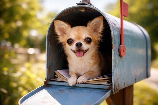 Playful small Chihuahua pet peering out of a painted mailbox with radiant daylight