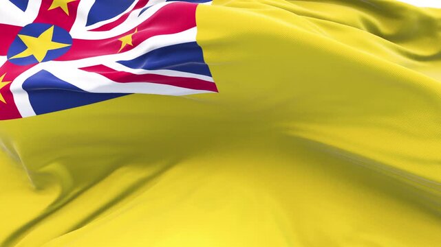 Niue flag waving and swirling, looping Close-up camera angle with transparent background, with alpha matte layer for transparency in the background.