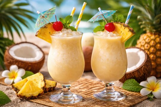 Sweet pina colada mixed drinks featuring pineapple slices and cherry accents