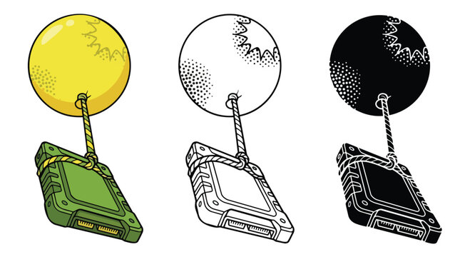 Yellow and green tethered buoy, a floating marine marker for navigation and fishing. Nautical safety equipment, a vector illustration set for maritime design.