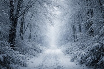 Obraz premium Snowfall blankets a narrow path beneath frost coated winter trees