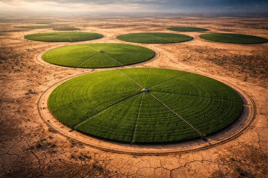 High angle view of circular lush irrigation patches on parched ground