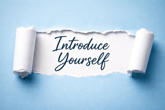 Torn white paper showing Introduce Yourself lettering on blue minimalist backdrop with copy space