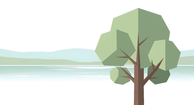 Stylized geometric tree with abstract polygonal leaves by a tranquil lake and distant rolling hills, minimalist nature landscape vector illustration.