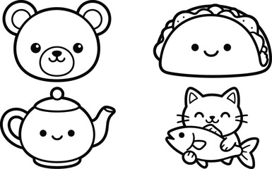 Fototapeta premium Kawaii, coloring, book, page, set, featuring, cute, bear, face, happy, taco, smiling, teapot, and, cat, holding, fish, vector, line, art
