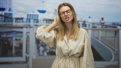 Fototapeta premium Blonde woman holds neck with her hand on a ship deck, eyes closed and wincing, wearing glasses and beige dress near railing; discomfort travel.