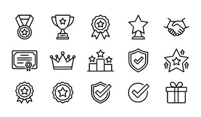 Reward and achievement line icon set with badges trophies and success symbols for recognition design © Hazara
