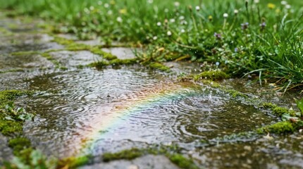 Fototapeta premium Rainbow Reflection on Rainy Path Rain Wet Path Stone Pavement Nature Grass Water Droplets Colorful. Concept featuring rain, wet path, stone pavement, nature, grass for professional commercial design.