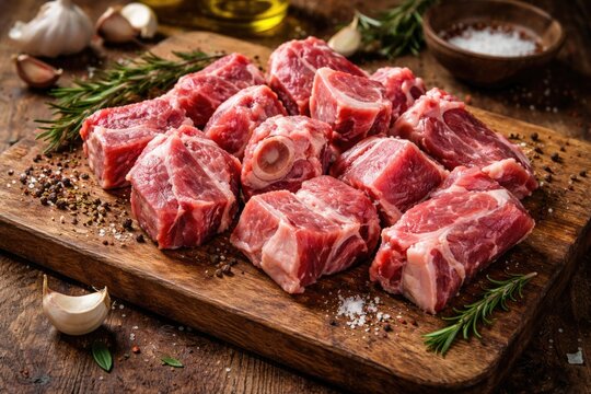 Raw goat meat slices organized on a natural wood chopping board for stewing and braising