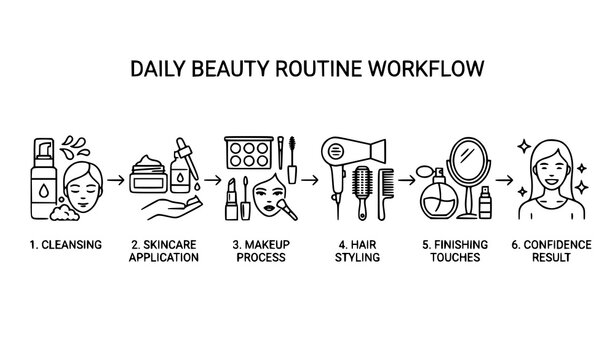 Beauty routine workflow line icon set showing self care process from skincare to makeup and styling