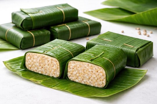 Unprocessed tempeh blocks enclosed in fresh banana leaves over a white flat surface