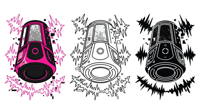 Modern Bluetooth speaker vector set, portable audio device illustration, wireless sound system with vibrant pink and black color options, digital music technology graphic resource for design