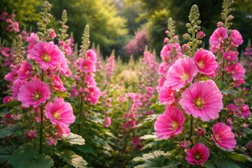 Obraz premium Lush garden backdrop featuring vivid pink hollyhock flowers in full bloom