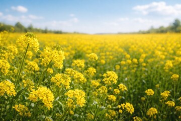 Obraz premium Bright yellow mustard flowers flourishing in open field with copy space area