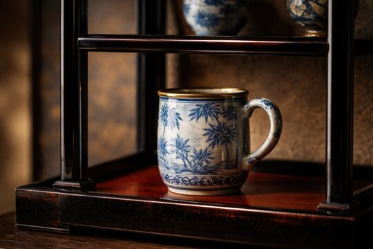 Display of antique Tobe ware mug on Japanese lacquer open shelf with soft focused studio background