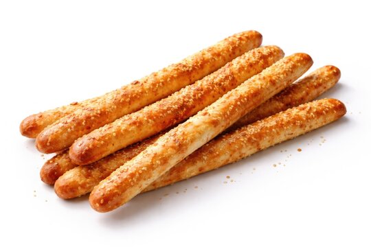 Multiple bread sticks with textured crust on a stark white canvas