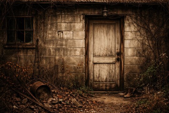 Rustic abandoned house exterior highlighting a closed door area and textured cinder block walls