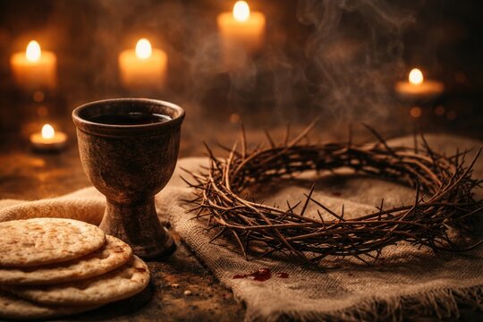 Sacred ritual scene showing unleavened bread cup alongside crown of thorns