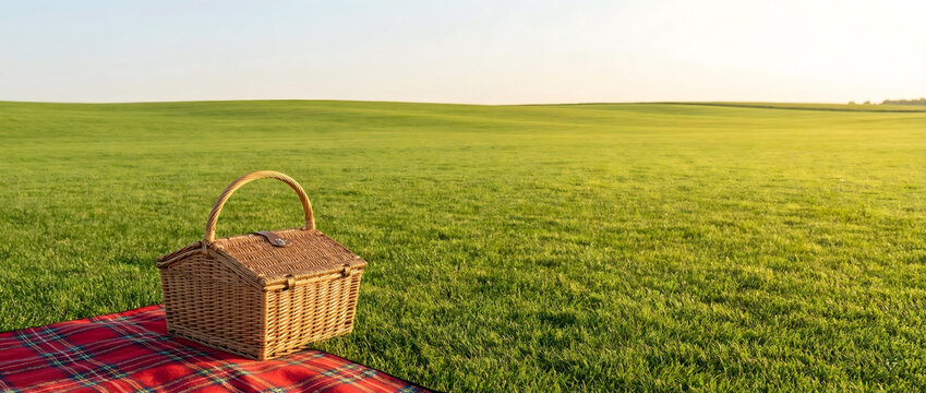 Wicker picnic basket on red checkered blanket in wide green grass field under bright summer sun with empty copy space, panoramic banner