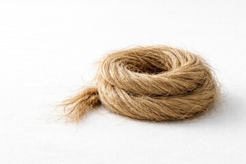 Fototapeta premium white background texture showcasing isolated hemp fibre coil with copy space