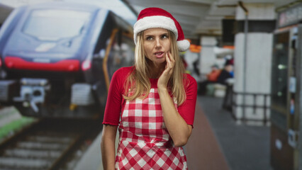 Naklejka premium Blonde woman wearing santa hat and checkered apron with hand on cheek for toothache at train platform inside a station building; holiday pain.